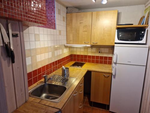 a small kitchen with a sink and a refrigerator at Prästgården i Funäsdalen in Funäsdalen