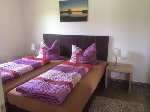 two beds in a room with purple and pink pillows at Ferienhaus Am Großen Priepertsee in Priepert