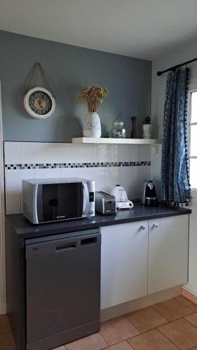 une cuisine avec un comptoir avec un micro-ondes dans l'établissement L'île Verte chambre avec salle de bain privée, à Champagnac