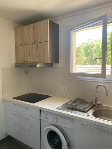 une cuisine avec un évier et une machine à laver dans l'établissement Joli studio tout équipé, à Oullins