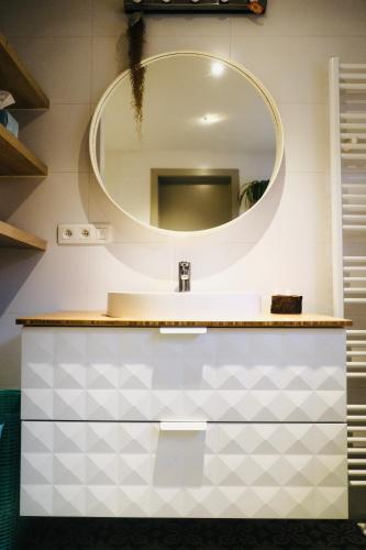 a bathroom with a sink and a mirror at Het relax hoeveke in Ostend