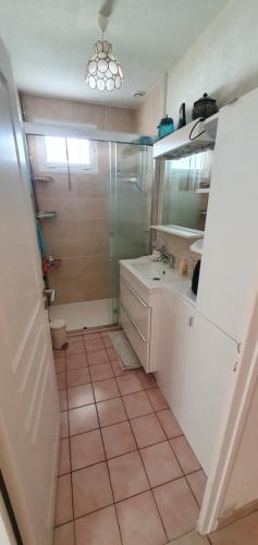 une salle de bain avec une douche, un lavabo et un miroir dans l'établissement Jolie Maison de Vacances, à Les Sables-dʼOlonne