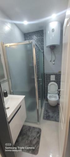 a bathroom with a toilet and a shower and a sink at STUDIO APARTMAN SOl in Tuzla