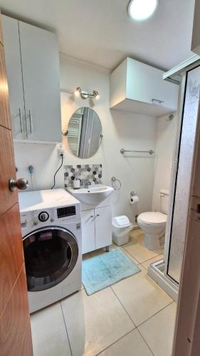 a white bathroom with a washing machine in it at Beautiful Independent House in Punta Arenas