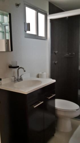a bathroom with a sink and a toilet and a mirror at Grupo Kings Suites -Monte Chimborazo 537 in Mexico City