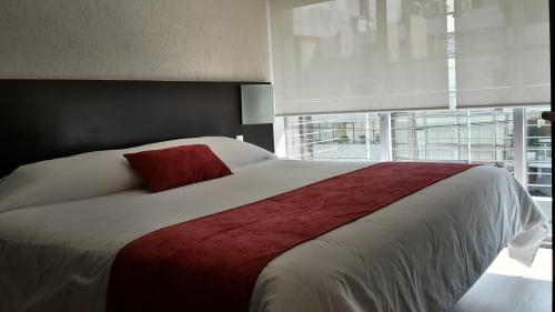 a bedroom with a large bed with a red pillow on it at Grupo Kings Suites -Monte Chimborazo 537 in Mexico City