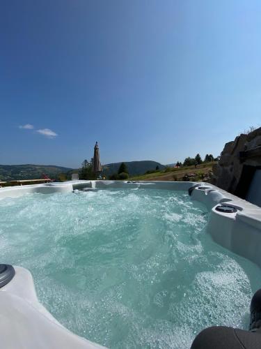 d'un bain à remous avec de l'eau verte. dans l'établissement Lysgaardcottage 360 sauna spa bar Dancing 25V, à La Bresse