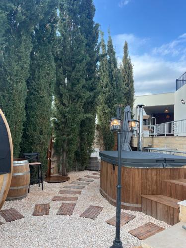 a water slide in a backyard with trees at Matteo Villa Limassol Cyprus in Limassol