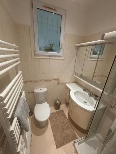 une salle de bain avec toilettes, lavabo et fenêtre dans l'établissement Maison de ville Mandelieu la Napoule, à Mandelieu-la-Napoule