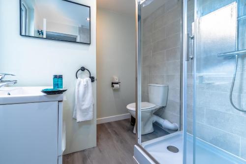 a bathroom with a shower and a toilet and a sink at Stylish city view flat in mural quarter in Bristol