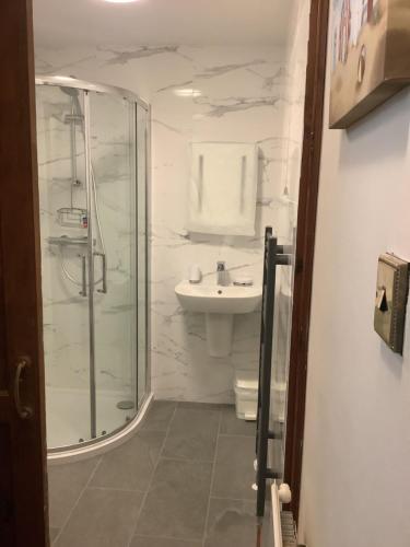 a bathroom with a shower and a sink at The Dairy in Teignmouth