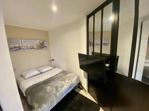 une chambre avec un lit, une commode et un miroir dans l'établissement F1 Saint Laurent du Var Proximity to beach-Clim Wifi, à Saint-Laurent-du-Var