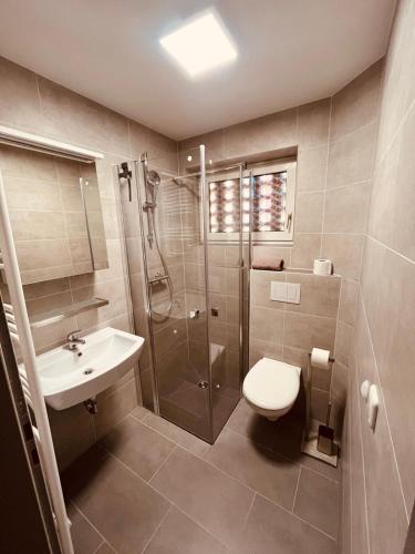 a bathroom with a shower and a toilet and a sink at Heimathafen in Norddeich