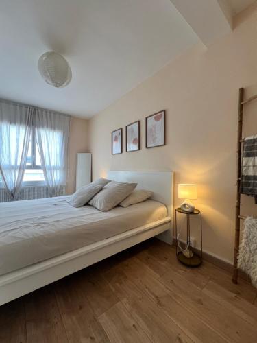 une chambre avec un grand lit blanc avec une fenêtre dans l'établissement Le Bellevue - T3 - Gare & Les Jardins Darcy - Parking Free, à Dijon