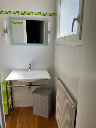 une salle de bain avec un lavabo et un miroir dans l'établissement Maison avec grand jardin - House with large garden, à Fagnières