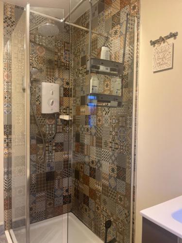 a bathroom with a shower with a glass door at The Paddocks in Louth in Dundalk