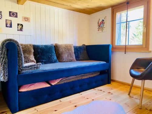 a blue couch in a room with a window at Birkenhof, Haus Märli in Herisau