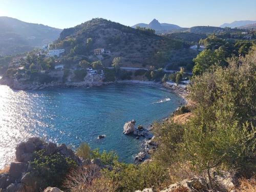 a view of a beach with trees and water at Villa Artemis Nafplion in Tolo
