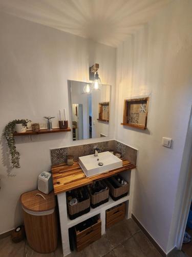 une salle de bain avec un lavabo et un miroir dans l'établissement le petit Mazet, à Monteux