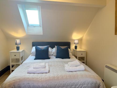 a bedroom with a bed with blue pillows and a window at Standlow Farm in Kniveton