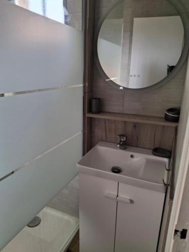 une salle de bain avec un lavabo et un miroir dans l'établissement TERRA BELLA 2, à Grosseto-Prugna