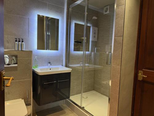 a bathroom with a shower and a sink at Standlow Farm in Kniveton