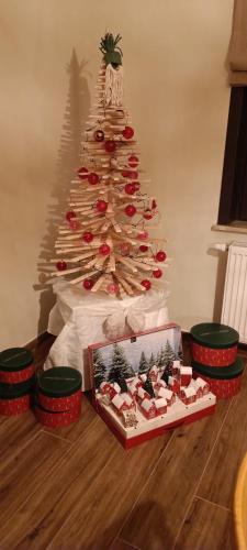 a christmas tree with presents under it and a christmas tree at Les roses d'Olga in Aubechies