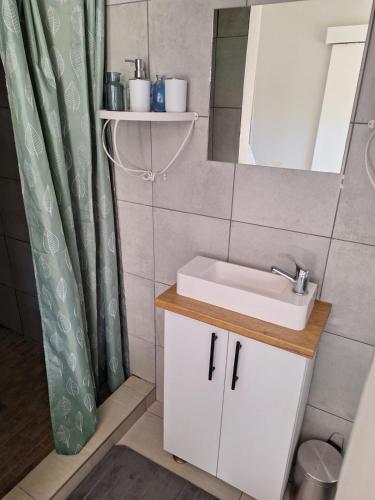 a bathroom with a sink and a mirror and a shower curtain at Hearts Cottage in Kimberley