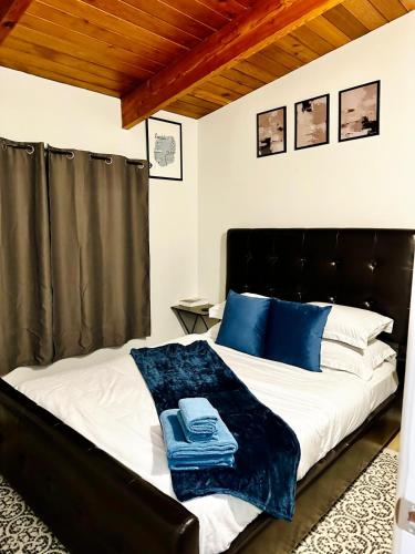 a bedroom with a large bed with blue pillows at P&N Suites - DELUXE QUEEN ROOM- LONDON in Edmonton