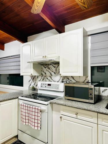 a kitchen with white cabinets and a stove top oven at P&N Suites - DELUXE QUEEN ROOM- LONDON in Edmonton