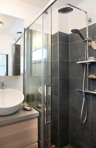 une salle de bain avec un lavabo et une douche en verre dans l'établissement Lovely Paris appartment, à Paris