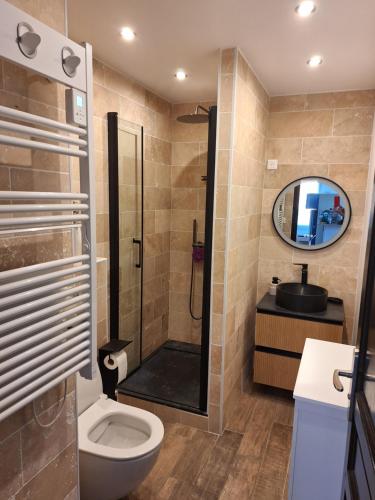 une salle de bain avec une douche, des toilettes et un lavabo dans l'établissement Parc de la roseraie, à Marseille