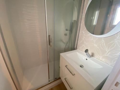 une salle de bain avec un lavabo et une douche avec un miroir dans l'établissement Appartement climatisé en rez-de-chaussée 3 personnes max, au Cap d'Agde
