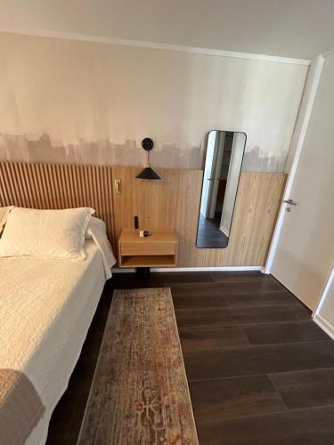 a bedroom with a bed and a mirror on the wall at Céntrico Departamento Dúplex a pasos del Metro in Santiago