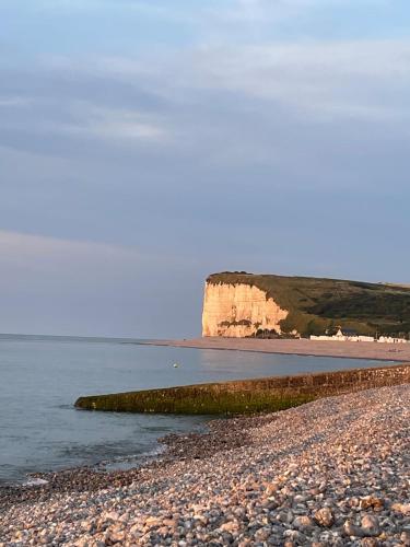 a beach with a rocky shoreline and a large cliff at Longère cœur de village proche des plages in Sassetot-le-Mauconduit