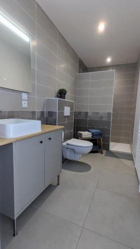 une salle de bain avec un lavabo, des toilettes et une baignoire dans l'établissement #03 - Le 60 - Gîtes confortables combinés, à Villieu