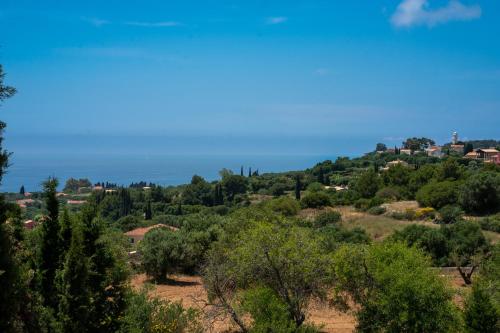 a view of a hill with trees and houses at Irene Luxury Villa in Metaxáta