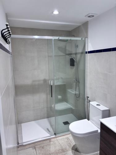 a bathroom with a shower and a toilet at Shanti’s Andalusian Rooms in Málaga