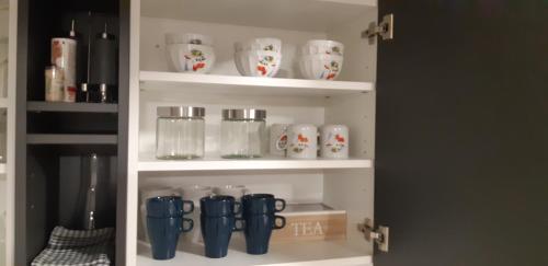 a cupboard filled with blue and white cups at Cozy Cabin in Čatež ob Savi