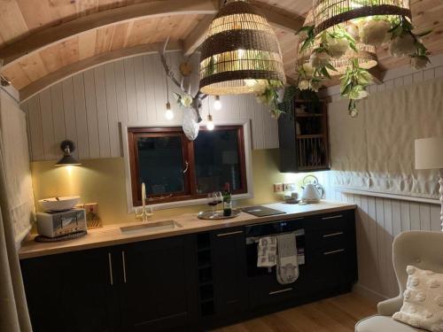 a kitchen with a counter and a sink in a room at Luxury Shepherd's Hut and Hot Tub Retreat in Milverton