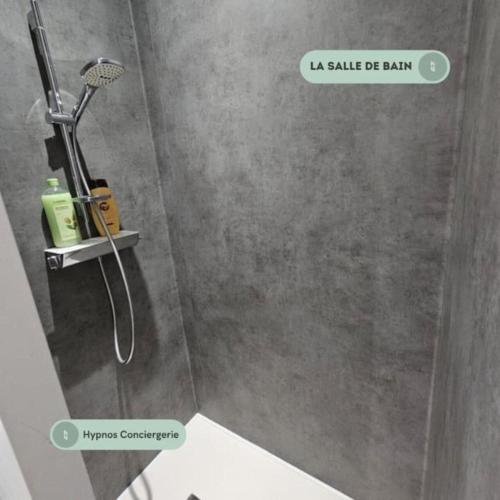 une salle de bain avec une douche avec pommeau de douche dans l'établissement Magnifique Studio - Centre ville - Pèlerins, au Puy-en-Velay