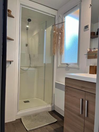 La salle de bains est pourvue d'une douche en verre et d'une fenêtre. dans l'établissement On est trop bien ici, à Lège-Cap-Ferret