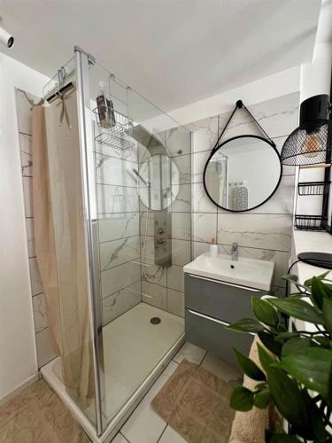 une salle de bain avec douche et lavabo dans l'établissement Clovis - Hypercentre avec balcon et parking, à Reims