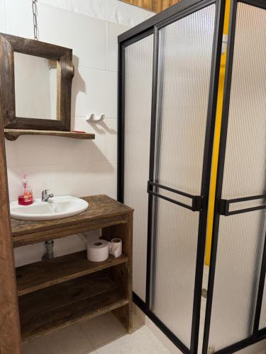 ein Badezimmer mit Waschbecken und Dusche mit Spiegel in der Unterkunft Hotel Campestre - CIUDADELA EL ARTESANO in Carolina del Principe