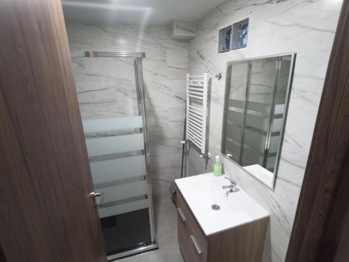 a bathroom with a shower and a sink and a mirror at Lujo en la Sierra in Becerril de la Sierra