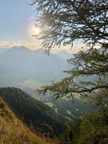 a view of a valley from a hill with the sun setting at Bettina in Ehrwald