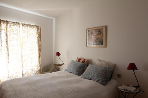 a bedroom with a bed with two pillows and a window at Le charme au centre du village in Ménerbes