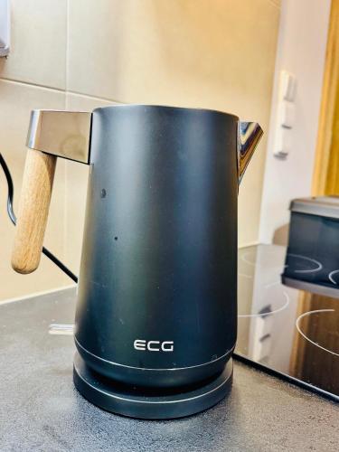 a black appliance sitting on top of a kitchen counter at Apartmán CORA in Jaroměř