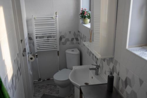 a white bathroom with a toilet and a sink at Vähikoja majutus in Kose