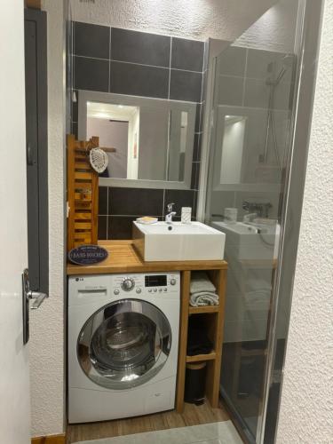 une salle de bain avec une machine à laver et un lavabo dans l'établissement La belle échappée, à Prénatier